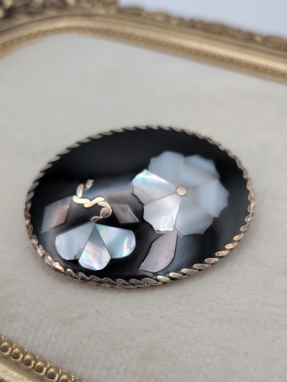 Alpace Mexico Silver Mother of Pearl Abalone Black Floral Inlay Vtg Brooch